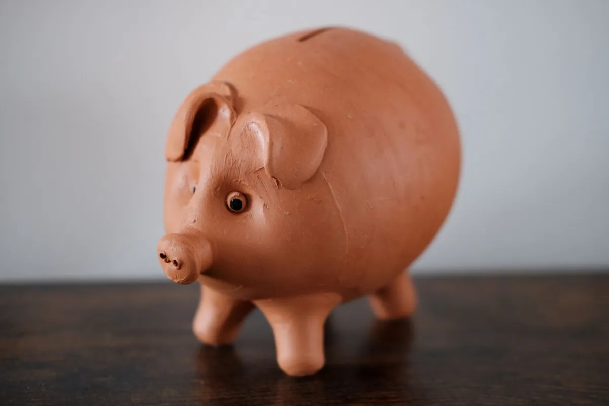 Salvadanaio di terracotta su un tavolo di legno, simbolo dell'accantonamento per tasse e contributi nel regime forfettario